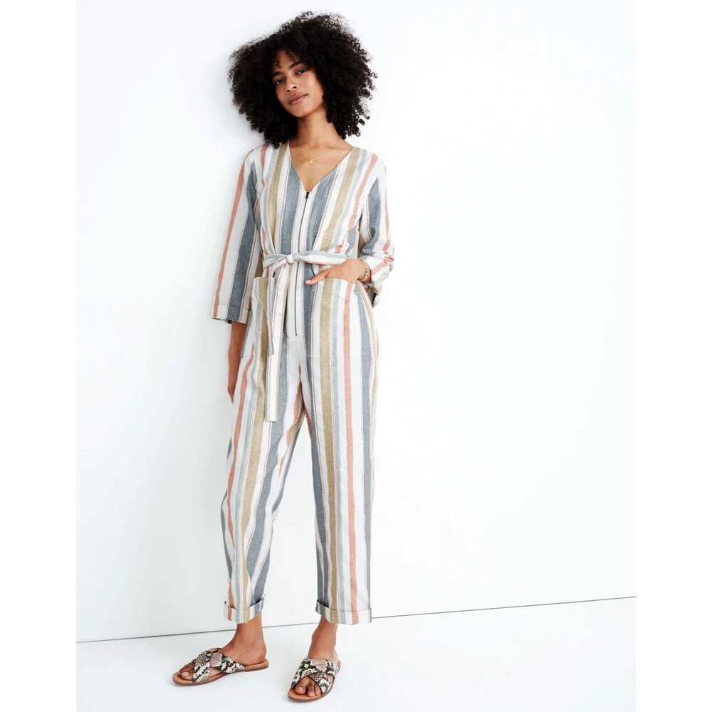 Madewell Jumpsuit Women 0 Stripe Long Sleeve Cotton V Neck Zip Tie Waist Utility